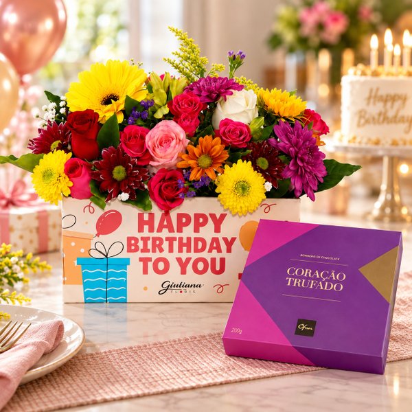 Arranjo de Mix de Flores Happy Birthday to You e Corações Trufados Ofner