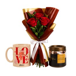 Imagem de Buquê Trio de Rosas Vermelho e Caneca Love e Cappuccino Ofner