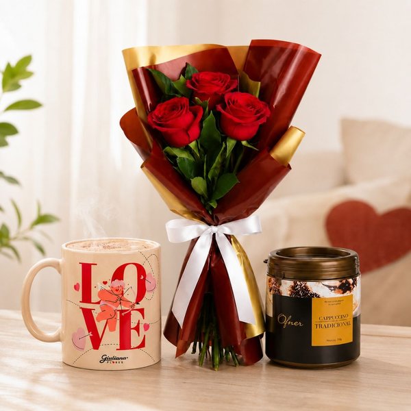 Buquê Trio de Rosas Vermelho e Caneca Love e Cappuccino Ofner