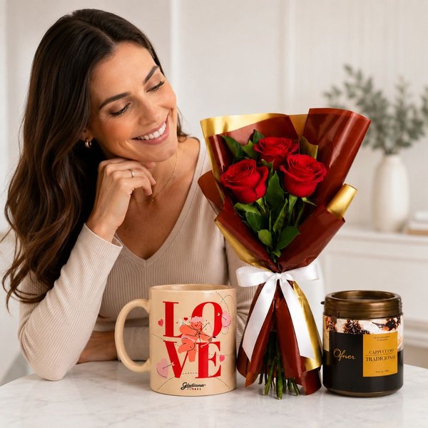 Buquê Trio de Rosas Vermelho e Caneca Love e Cappuccino Ofner