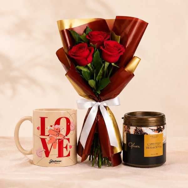 Buquê Trio de Rosas Vermelho e Caneca Love e Cappuccino Ofner