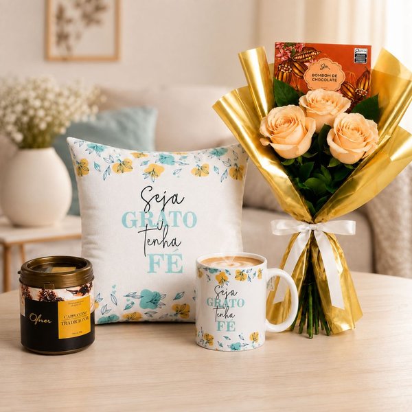 Buquê de Rosas e Kit Seja Grato com Bombom e Cappuccino Ofner
