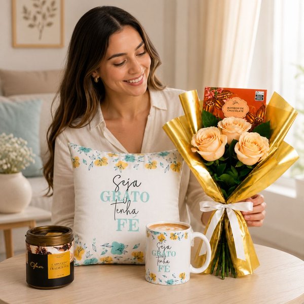 Buquê de Rosas e Kit Seja Grato com Bombom e Cappuccino Ofner