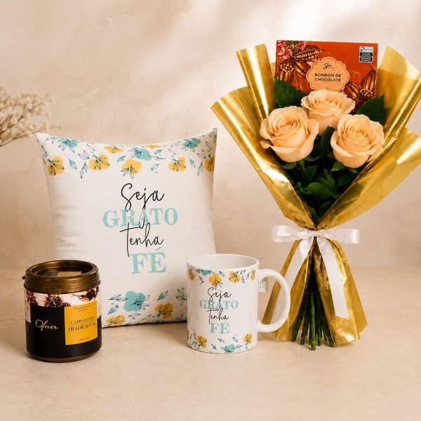 Buquê de Rosas e Kit Seja Grato com Bombom e Cappuccino Ofner
