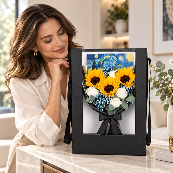 Buquê de Girassol e Rosa Branca Van Gogh - Arte Floral