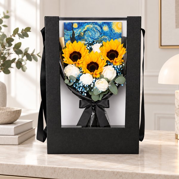 Buquê de Girassol e Rosa Branca Van Gogh - Arte Floral