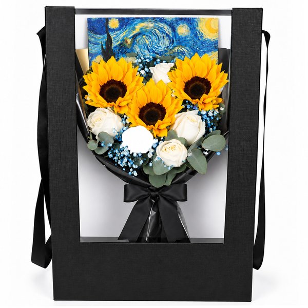 Buquê de Girassol e Rosa Branca Van Gogh - Arte Floral