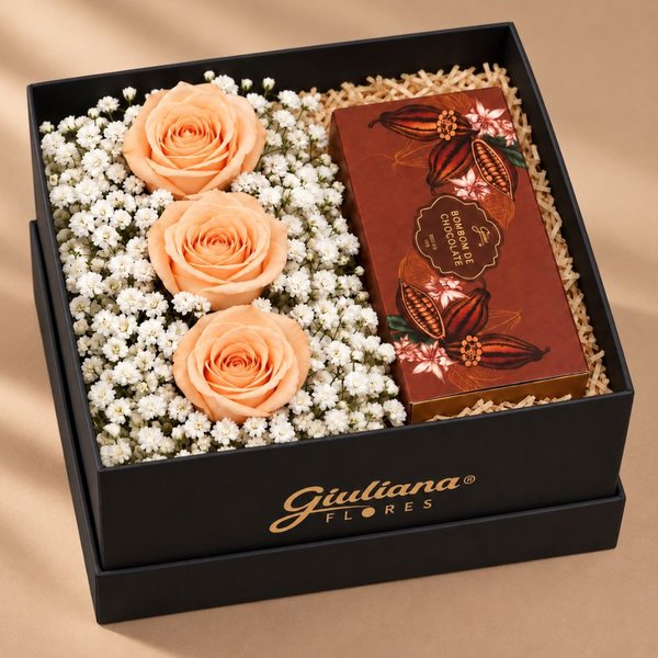 Caixa Presente Preta de Rosas e Bombom Giuliana Flores 3 und