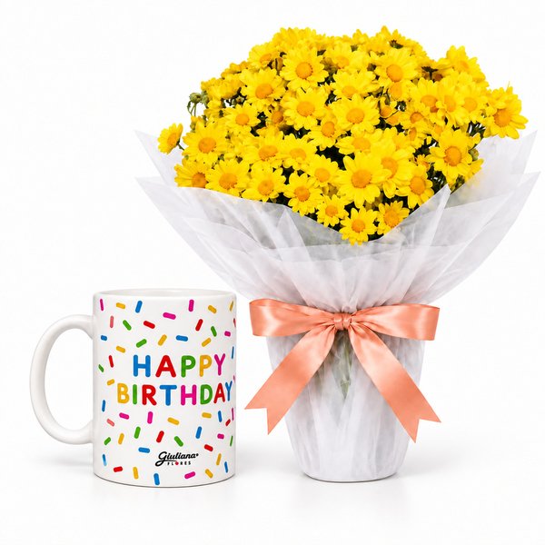 Margaridinhas Amarelas e Caneca Happy Birthday - Giuliana Flores