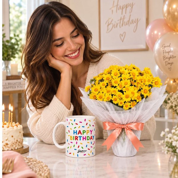 Margaridinhas Amarelas e Caneca Happy Birthday - Giuliana Flores