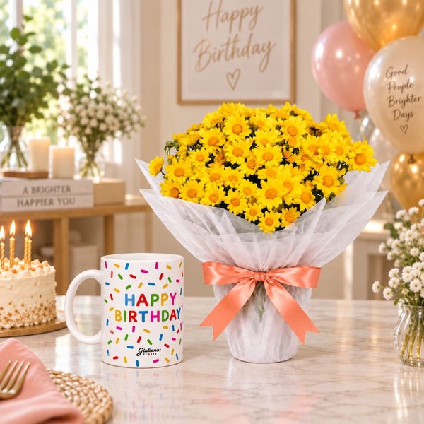 Margaridinhas Amarelas e Caneca Happy Birthday - Giuliana Flores
