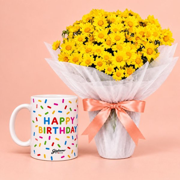 Margaridinhas Amarelas e Caneca Happy Birthday - Giuliana Flores