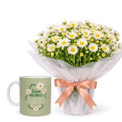 Margaridinhas Brancas e Caneca Quem Agradece Floresce - Giuliana Flores