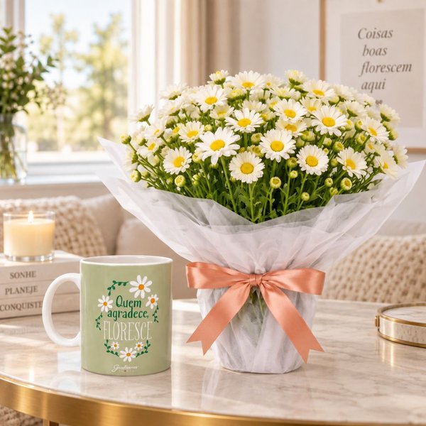 Margaridinhas Brancas e Caneca Quem Agradece Floresce - Giuliana Flores