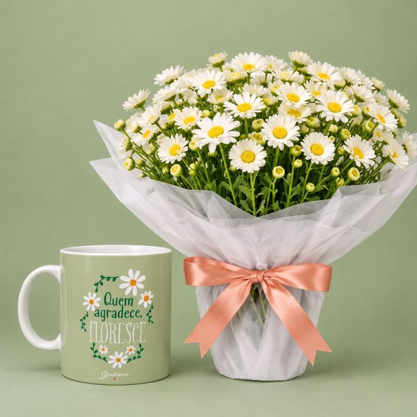 Margaridinhas Brancas e Caneca Quem Agradece Floresce - Giuliana Flores