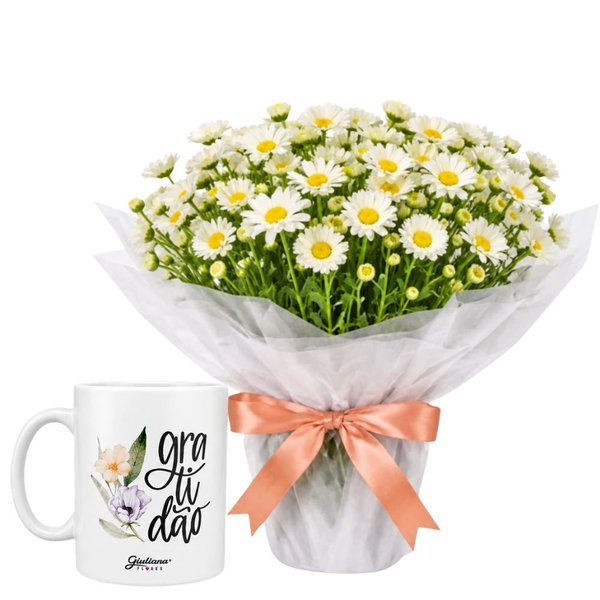 Margaridinhas Brancas e Caneca Gratidão - Giuliana Flores
