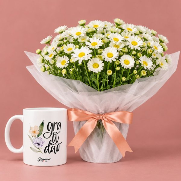 Margaridinhas Brancas e Caneca Gratidão - Giuliana Flores