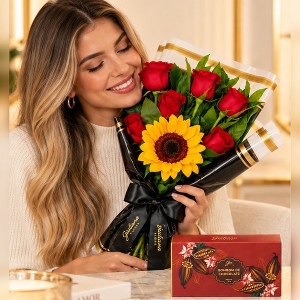 Reluzente Buquê de 6 Rosas e Girassol com Bombom Giuliana 3 Und