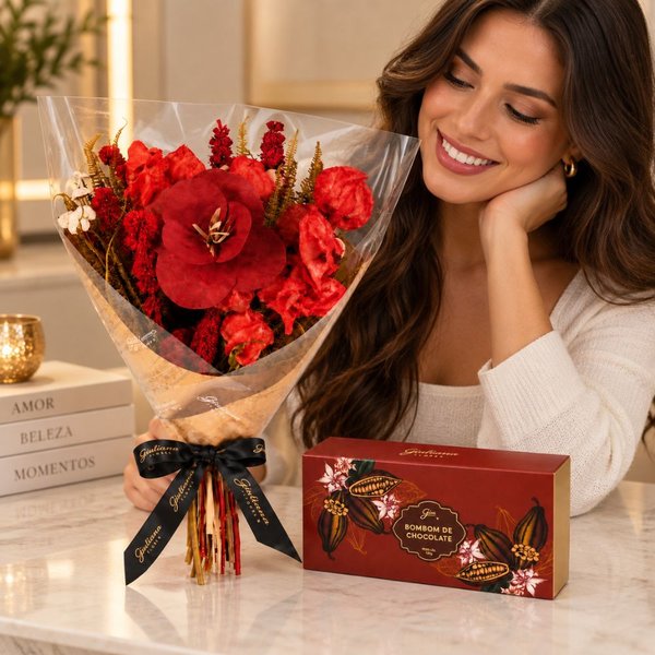 Buquê Criatividade de Flores Secas Vermelho e Bombom Giuliana 3 Und
