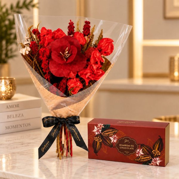 Buquê Criatividade de Flores Secas Vermelho e Bombom Giuliana 3 Und