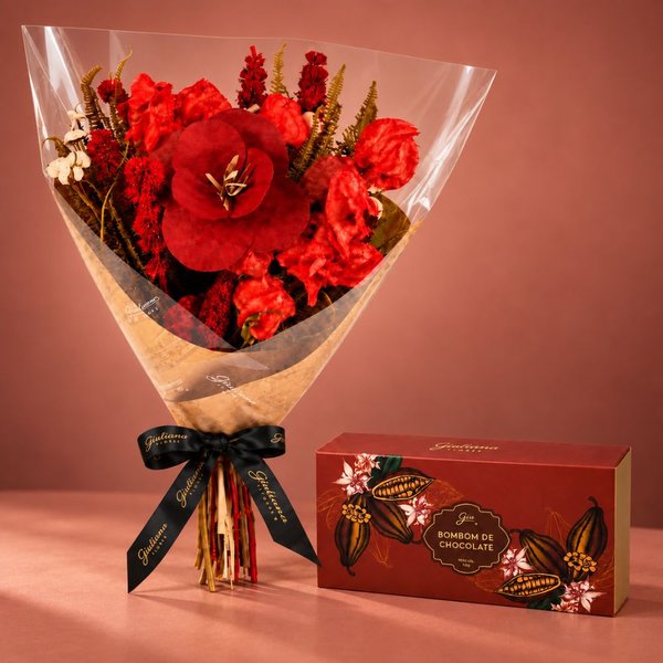 Buquê Criatividade de Flores Secas Vermelho e Bombom Giuliana 3 Und
