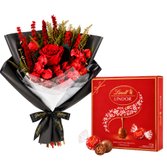 Buquê Raridade de Flores Secas Vermelho e Caixa Lindt ao Leite 112g