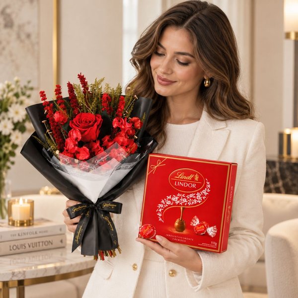 Buquê Raridade de Flores Secas Vermelho e Caixa Lindt ao Leite 112g