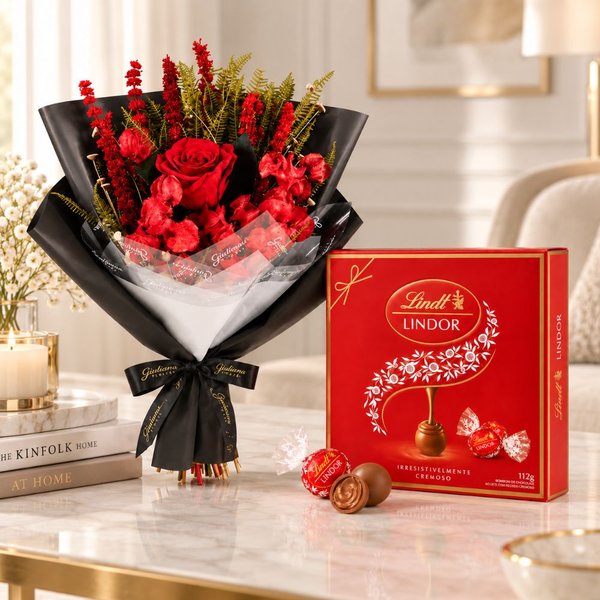 Buquê Raridade de Flores Secas Vermelho e Caixa Lindt ao Leite 112g