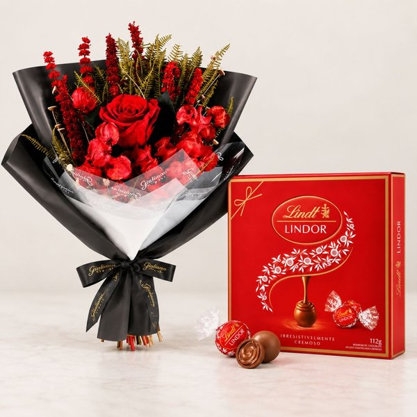Buquê Raridade de Flores Secas Vermelho e Caixa Lindt ao Leite 112g