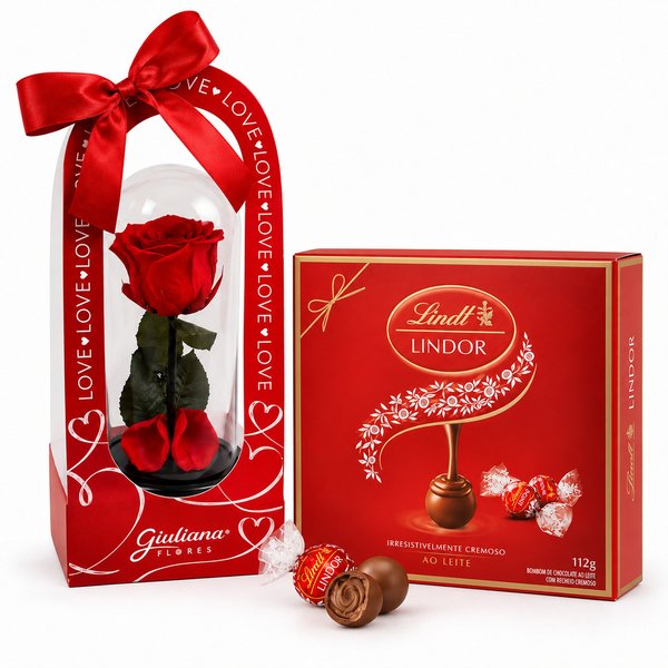 A Bela Rosa Encantada Vermelha My Love e Caixa Lindt ao Leite 112g