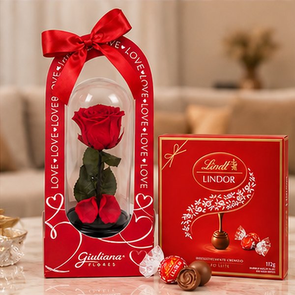 A Bela Rosa Encantada Vermelha My Love e Caixa Lindt ao Leite 112g