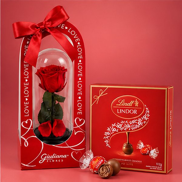 A Bela Rosa Encantada Vermelha My Love e Caixa Lindt ao Leite 112g