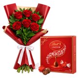 Buquê Serenidade com 6 Rosas Vermelhas e Caixa Lindt ao Leite 112g