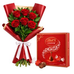 Imagem de Buquê Serenidade com 6 Rosas Vermelhas e Caixa Lindt ao Leite 112g