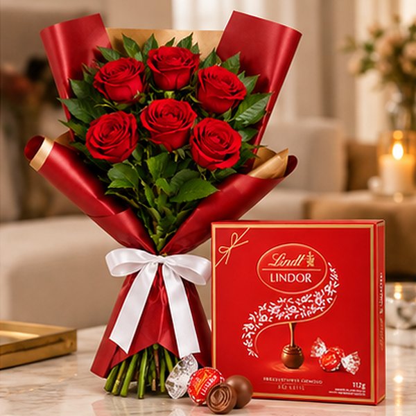 Buquê Serenidade com 6 Rosas Vermelhas e Caixa Lindt ao Leite 112g