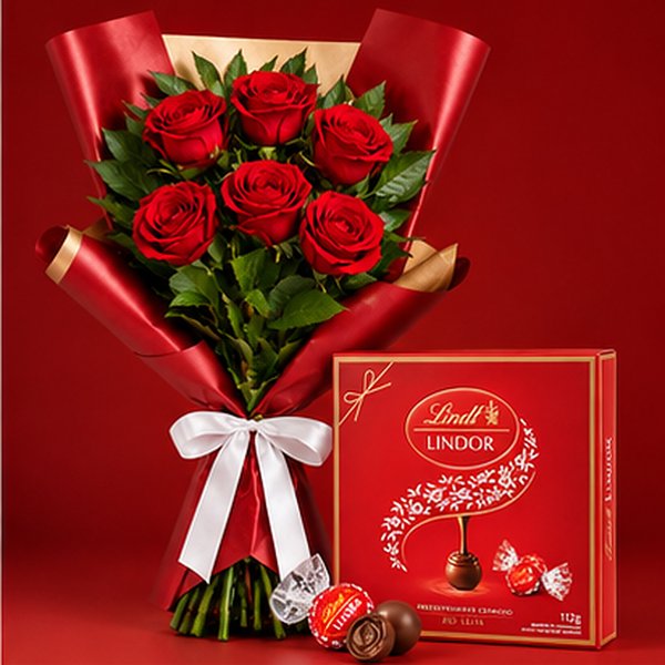 Buquê Serenidade com 6 Rosas Vermelhas e Caixa Lindt ao Leite 112g