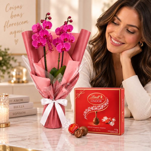 Majestosa Orquídea Phalaenopsis Pink e Caixa Lindt ao Leite 112g