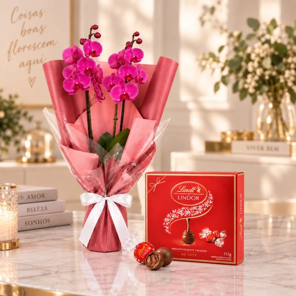 Majestosa Orquídea Phalaenopsis Pink e Caixa Lindt ao Leite 112g