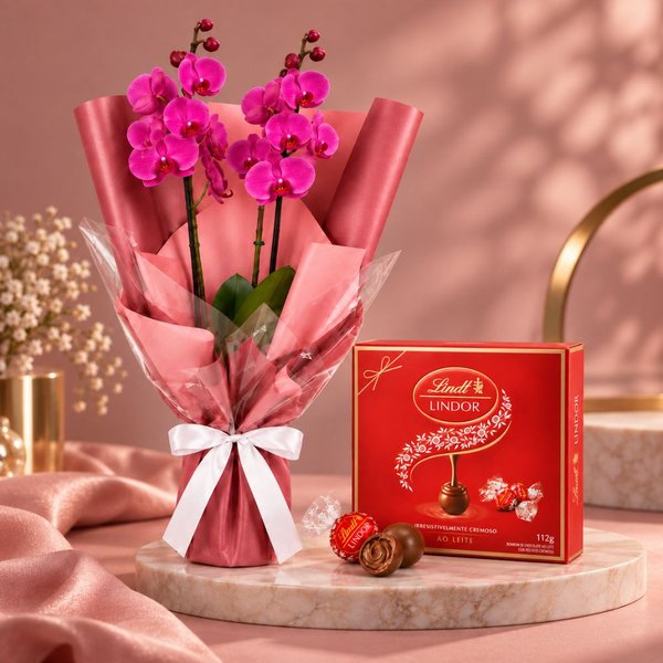 Majestosa Orquídea Phalaenopsis Pink e Caixa Lindt ao Leite 112g