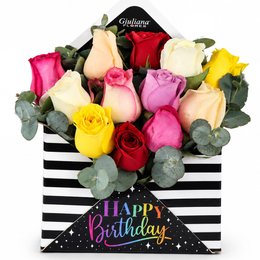 Imagem de Rosas Coloridas no Envelope Happy Birthday
