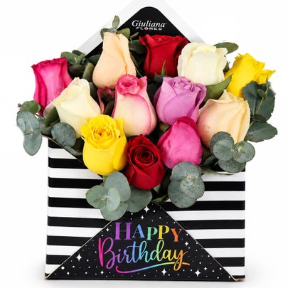 Rosas Coloridas no Envelope Happy Birthday
