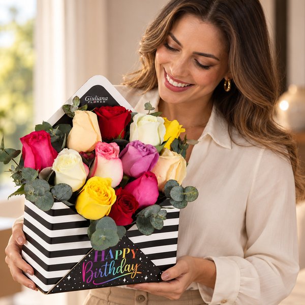 Rosas Coloridas no Envelope Happy Birthday