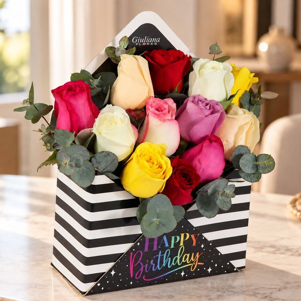 Rosas Coloridas no Envelope Happy Birthday