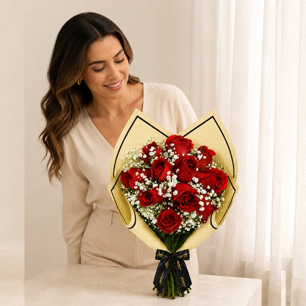 Buquê de 12 Rosas Vermelhas e Gypsophilas - Edição limitada