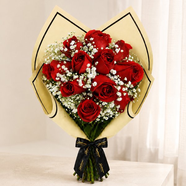 Buquê de 12 Rosas Vermelhas e Gypsophilas - Edição limitada