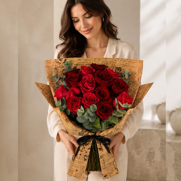 Buquê de 12 Rosas Vermelhas e Cor de Rosa Vintage