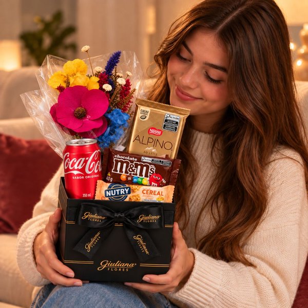 Cesta com Buquê de Flores Secas e Doces - Top Doçuras