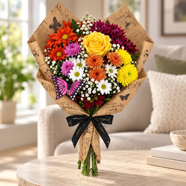 Mix de Flores com Rosa Amarela - Jardim das Borboletas