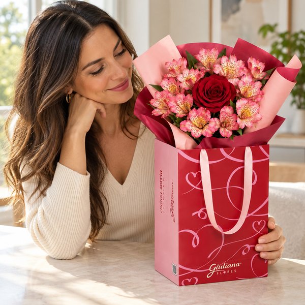 Buquê de Astromélias Cor de Rosa e Rosa Vermelha - Bag Love