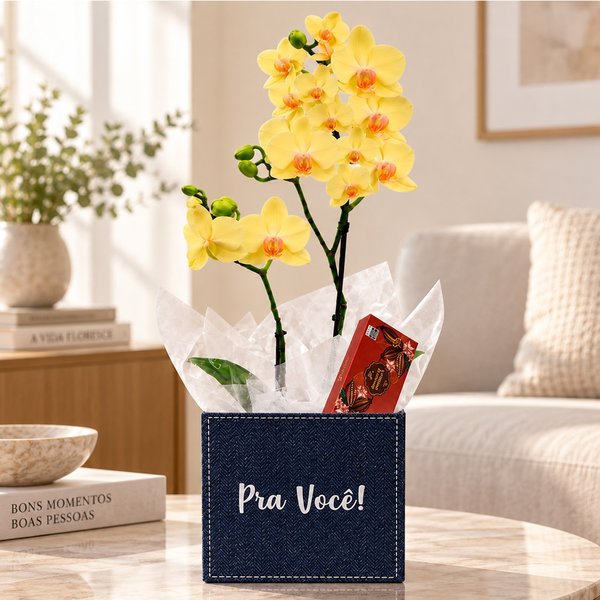 Mini Orquídea Rara Amarela no Box Pra Você e Bombom 3 Und Giuliana Flores